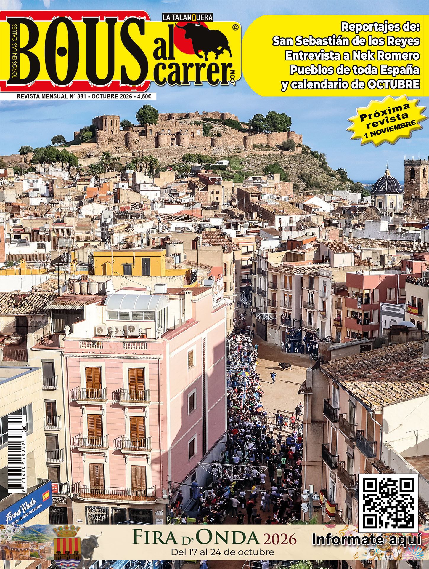Revista Bous al Carrer nº 381 de octubre de 2026, portada con vista de Onda y un festejo de bous al carrer